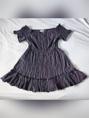 Moon River Navy and Mauve Striped Off-Shoulder Mini Dress